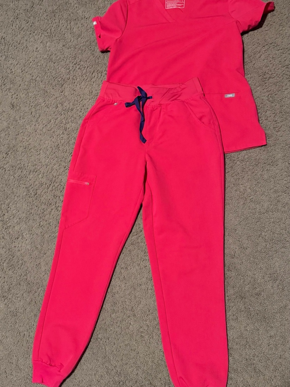 Figs Hot Pink Women's Scrub Set Jogger Scrub Pants with Navy Drawstring and Top
